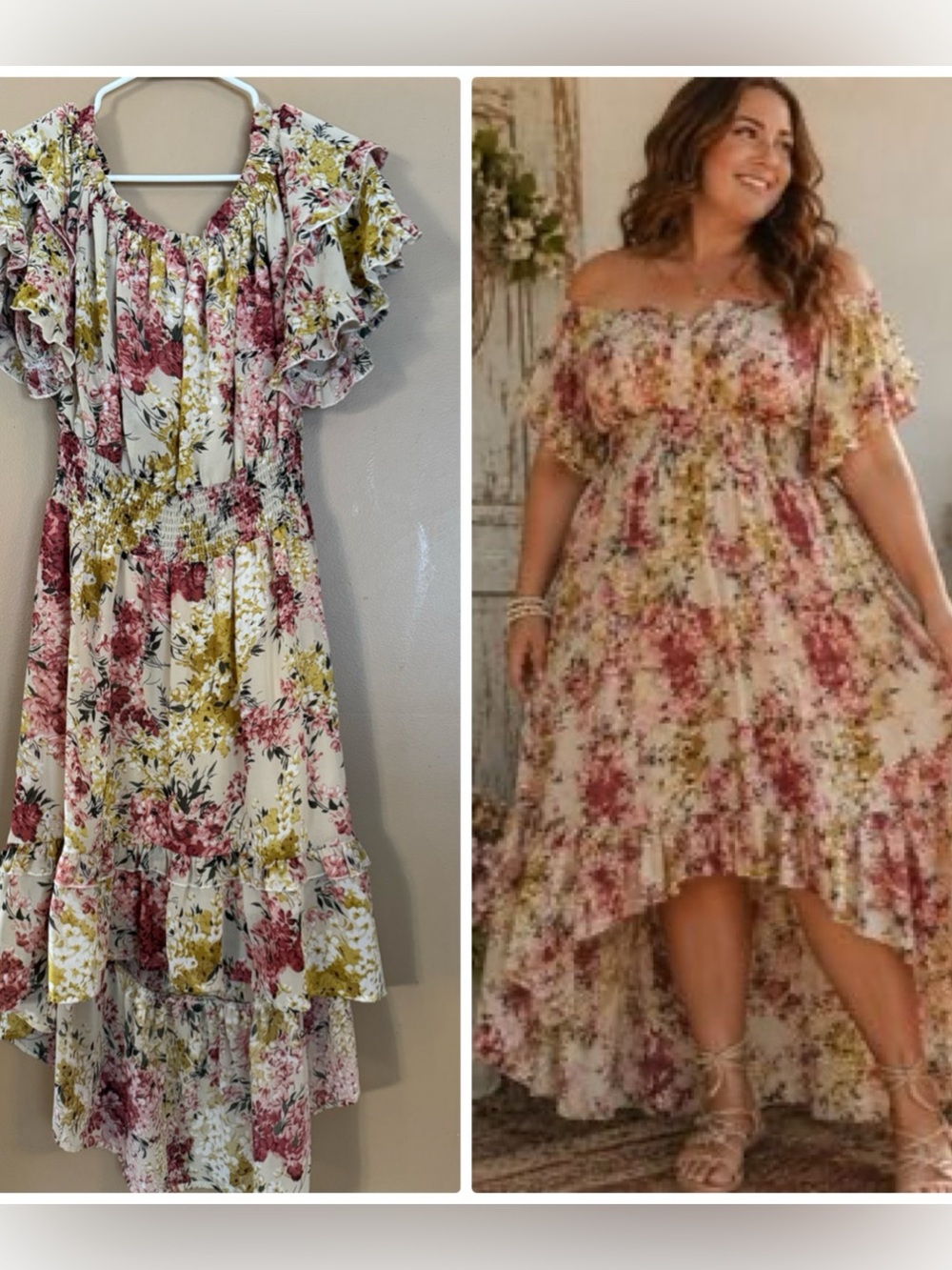 Umgee Floral High-Low Midi Dress in Cream, Pink & Yellow, summer dress